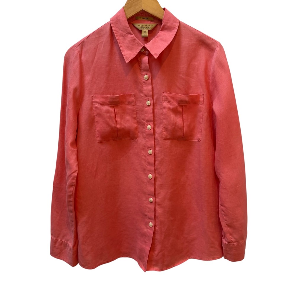 Investments Gold Label Women 100% Linen Roll Tab Button Down Shirt Coral Pink 10